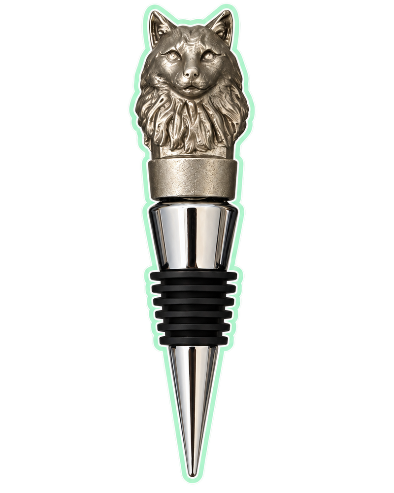 Cat-head wine bottle stopper with mint sticker outline