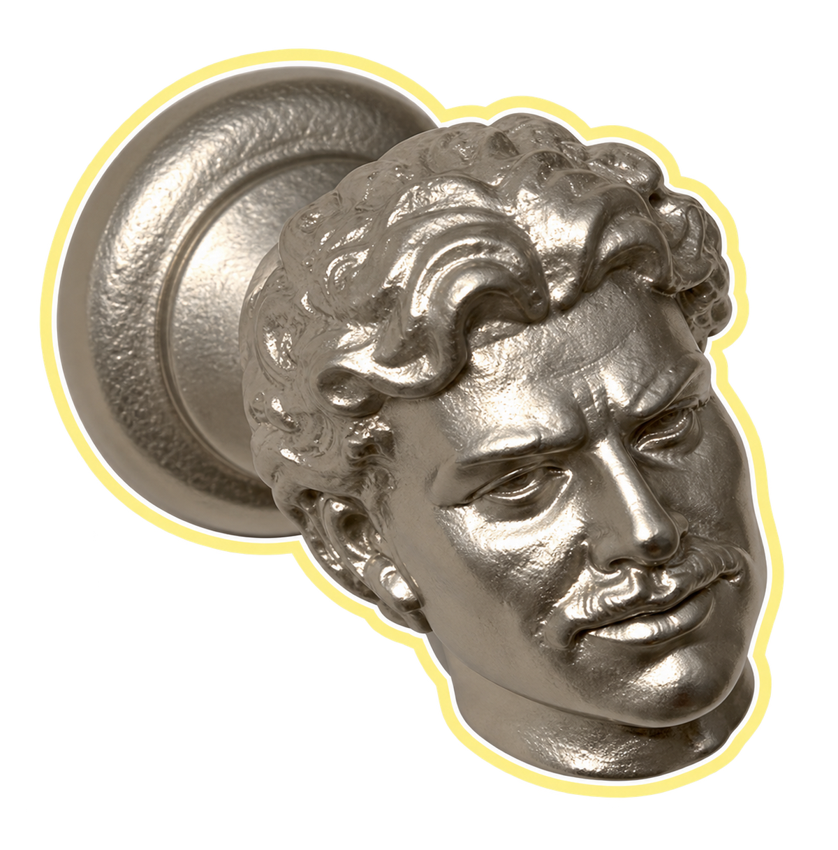 Custom human-head cabinet knob with a yellow outline