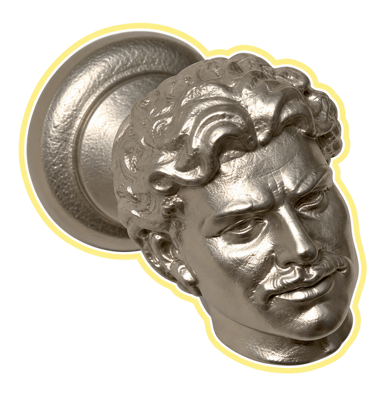 Silver Owen head cabinet knob with pale-yellow sticker outline