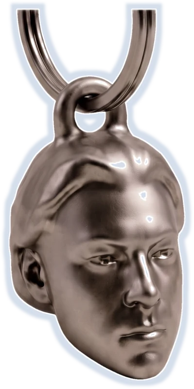 Silver face keychain with a pale blue sticker outline
